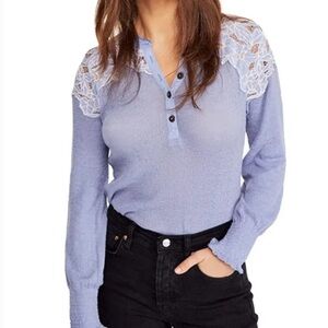 Free People Easy Breezy Embroidered Top Henley Lace Blue and White Size XS